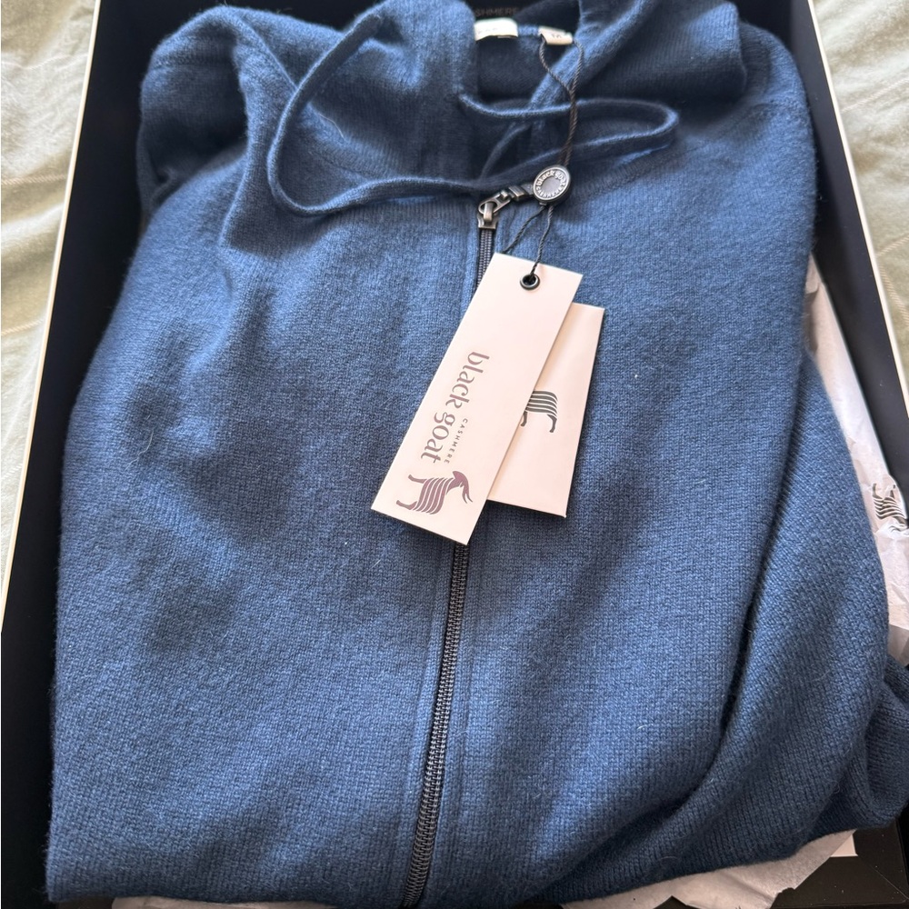 Black Goat Cashmere Blue Zip up Hoodie - new in Box